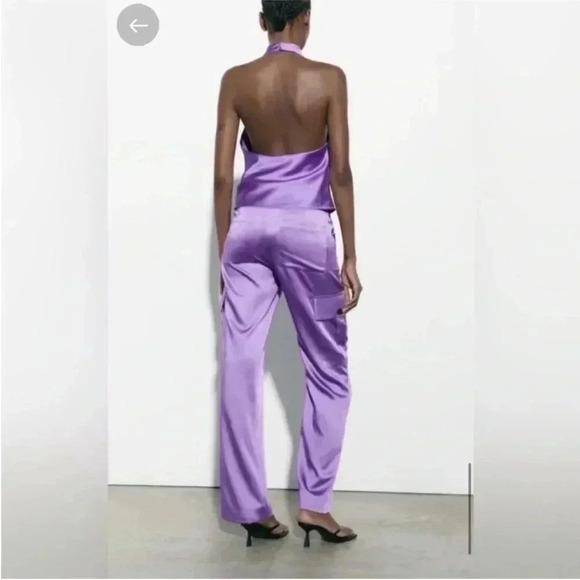 ZARA Satin Purple TROUSERS CARGO PANTS Lightweight Size S NWT - Picture 3 of 6
